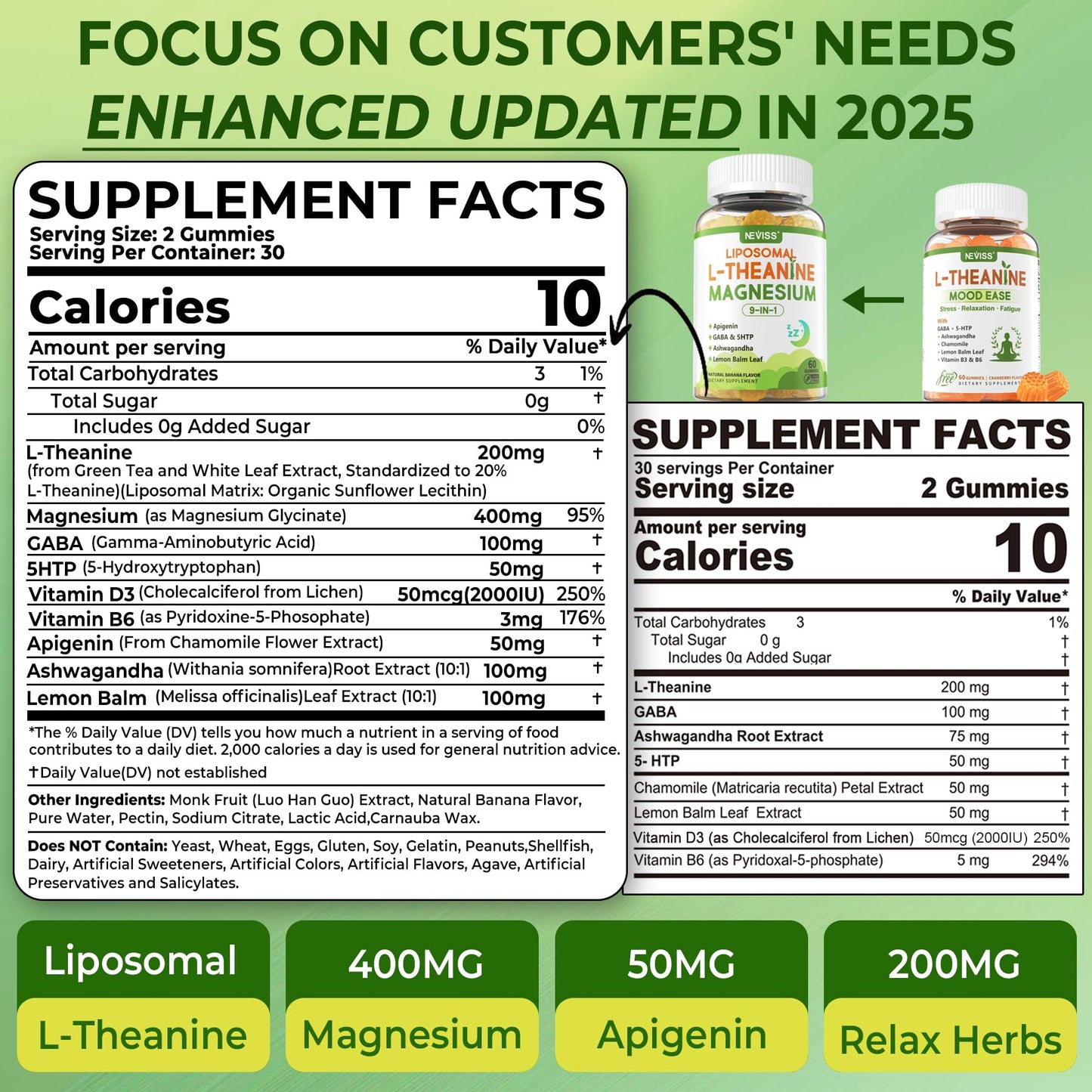 Liposomal L-Theanine Magnesium Gummies 200mg with GABA, 5-HTP – Sleep & Relax (2 Packs)