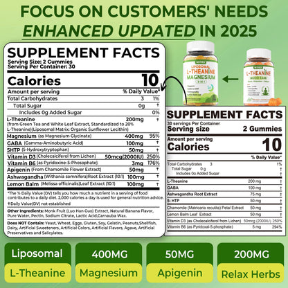 Liposomal L-Theanine Magnesium Gummies 200mg with GABA, 5-HTP – Sleep & Relax (2 Packs)