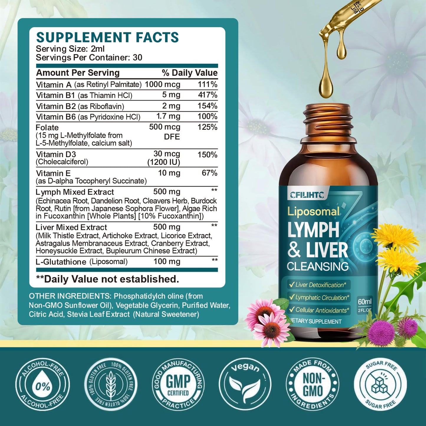 Liposomal Lymphatic Drainage Drops – 21 in 1 Liver Cleanse Detox & Repair (Milk Thistle, Echinacea, Burdock, Glutathione)