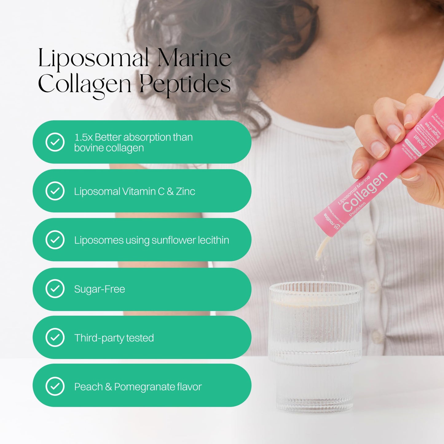 Liposomal Marine Collagen Powder Packets 2100mg – Sugar-Free, Vitamin C 190mg, Peach Pomegranate – 30 Packets