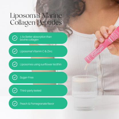 Liposomal Marine Collagen Powder Packets 2100mg – Sugar-Free, Vitamin C 190mg, Peach Pomegranate – 30 Packets