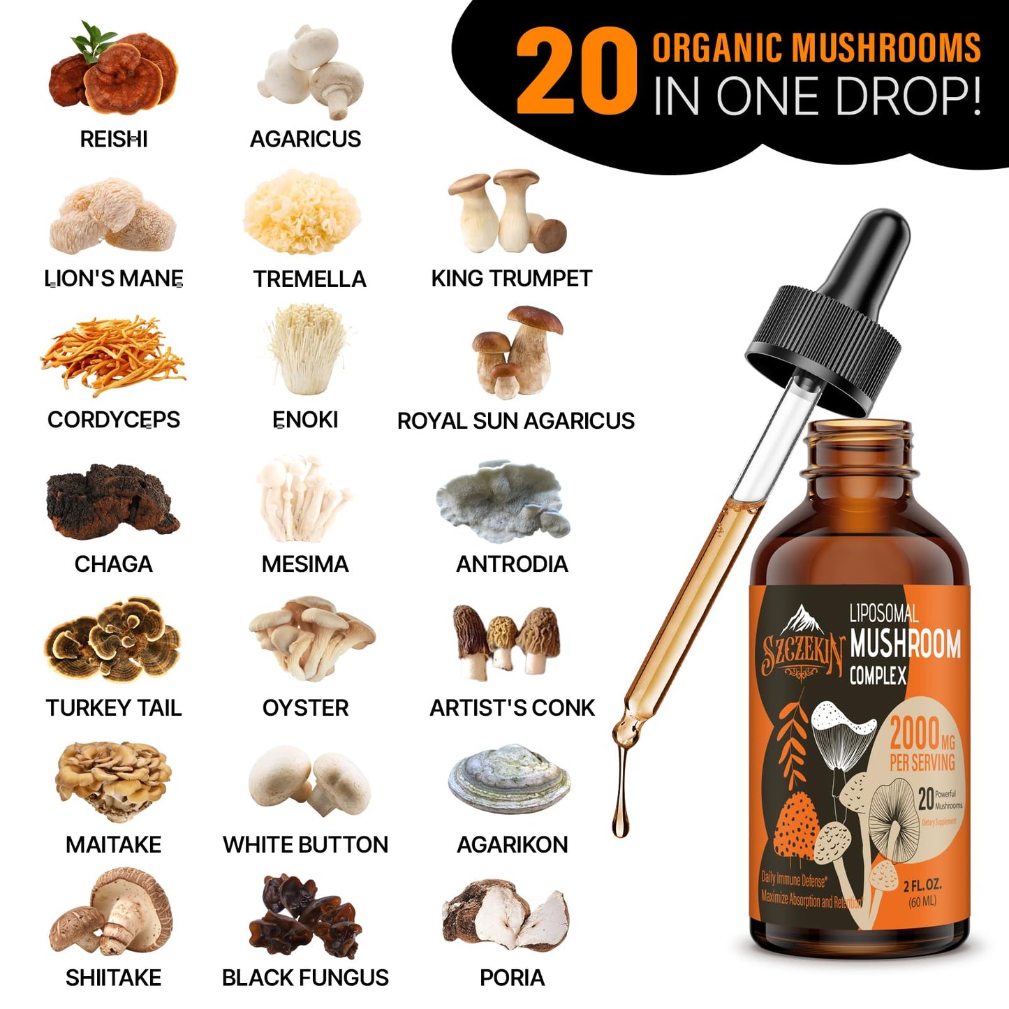 Liposomal Mushroom Drops 2000 MG – 20 Organic Extracts | Immunity & Cognition
