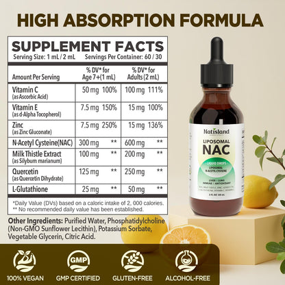 Liposomal NAC Drops - N-Acetyl Cysteine 600 mg (2 oz) with Milk Thistle & Quercetin