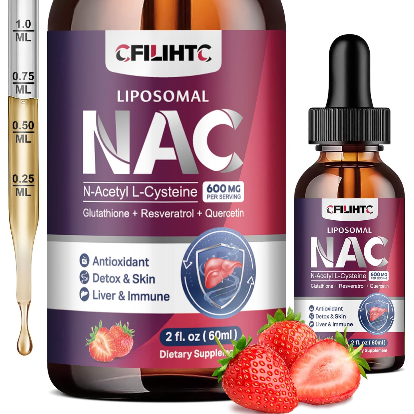 Liposomal NAC Drops 600mg – N-Acetyl Cysteine with Glutathione, Resveratrol & Zinc (Strawberry, 2 fl oz)