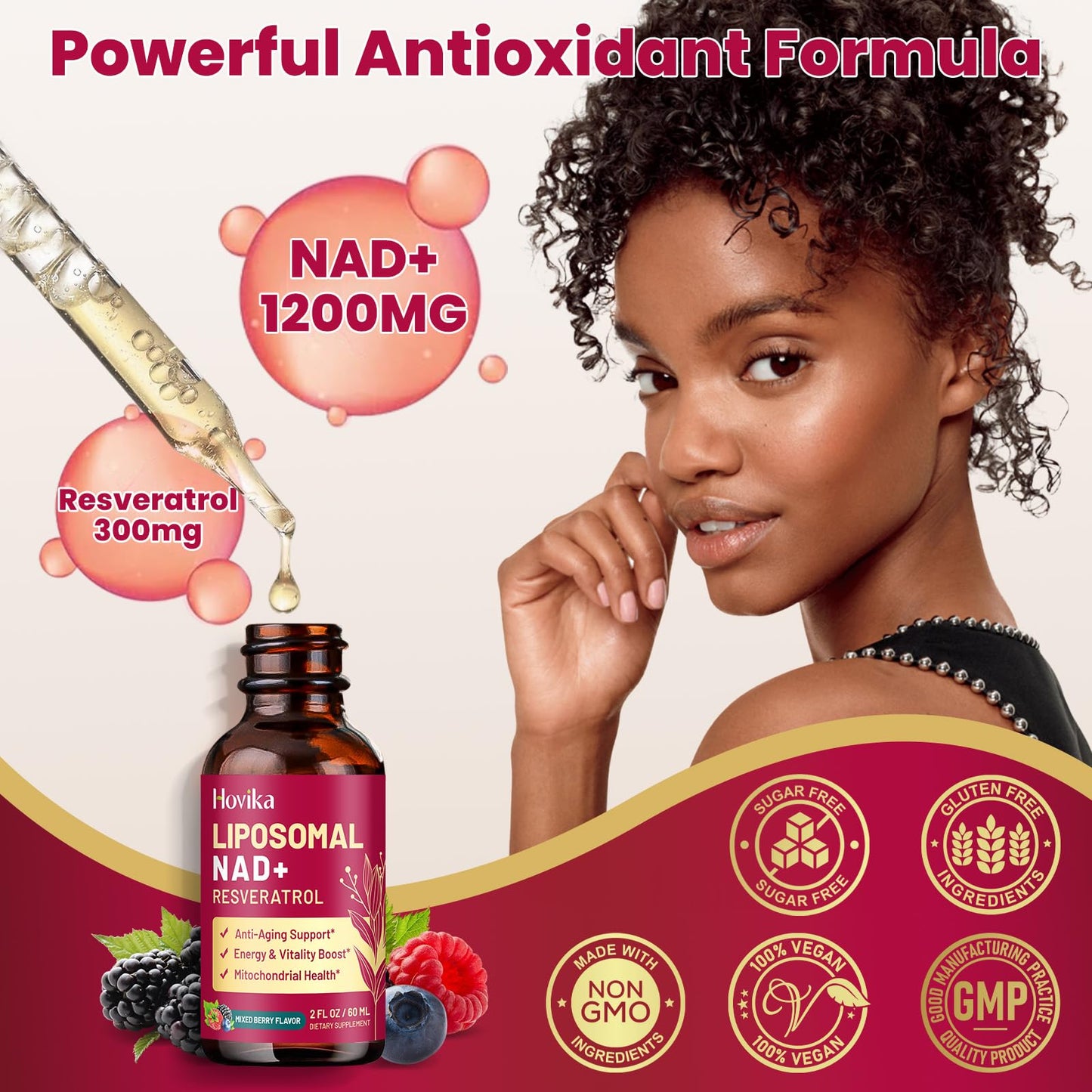 2 Pack Liposomal NAD Supplement – 1200mg NAD+ Drops with Resveratrol & Black Pepper (Mixed Berry)