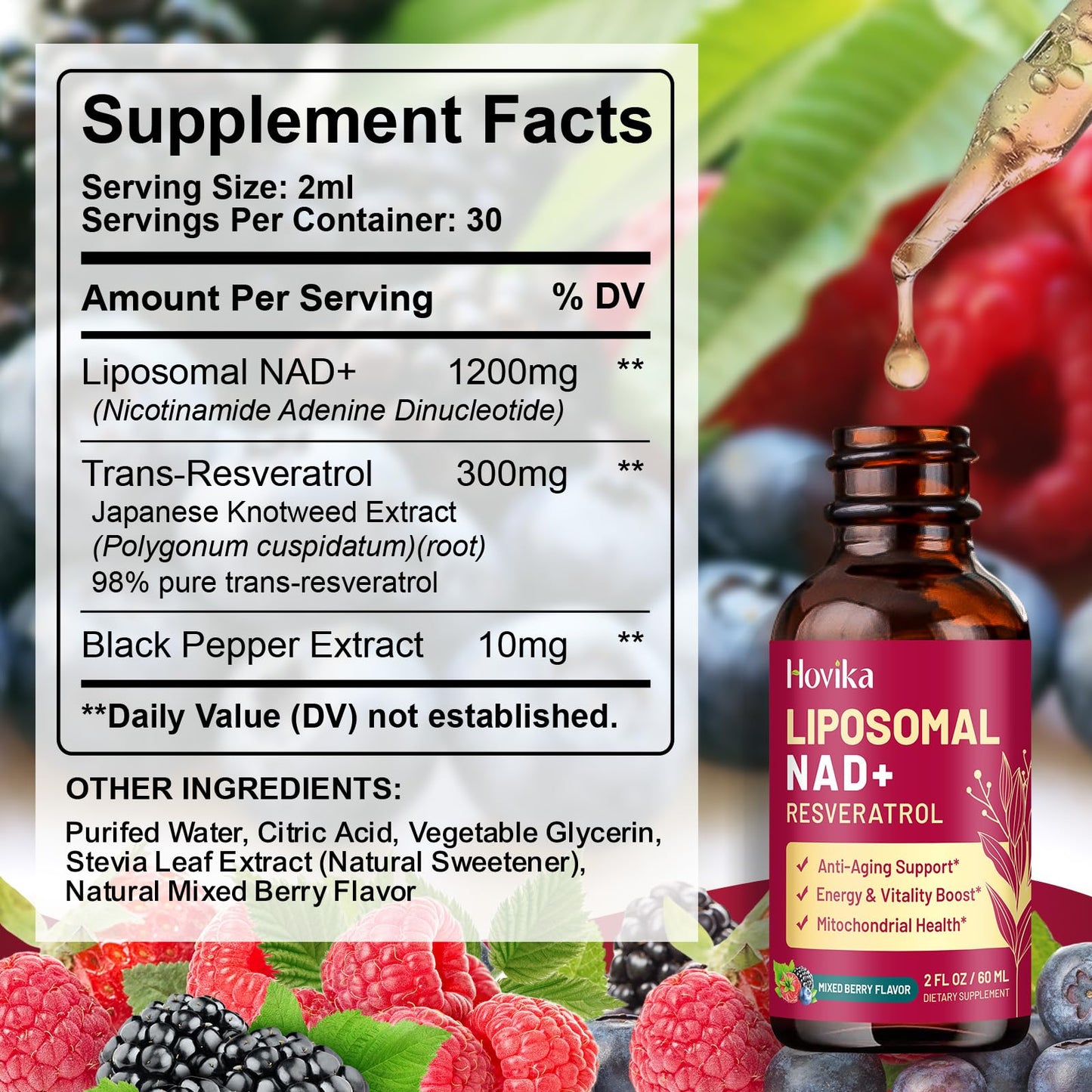 2 Pack Liposomal NAD Supplement – 1200mg NAD+ Drops with Resveratrol & Black Pepper (Mixed Berry)