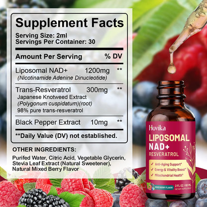 2 Pack Liposomal NAD Supplement – 1200mg NAD+ Drops with Resveratrol & Black Pepper (Mixed Berry)