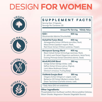 2000mg NAD Supplements for Women – Liposomal NAD+ with Ashwagandha, Berberine, Ginkgo & Black Cohosh | 90 Capsules