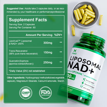 Liposomal NAD+ Supplement 300mg + Trans-Resveratrol & Quercetin – 120 Caps – Vegan