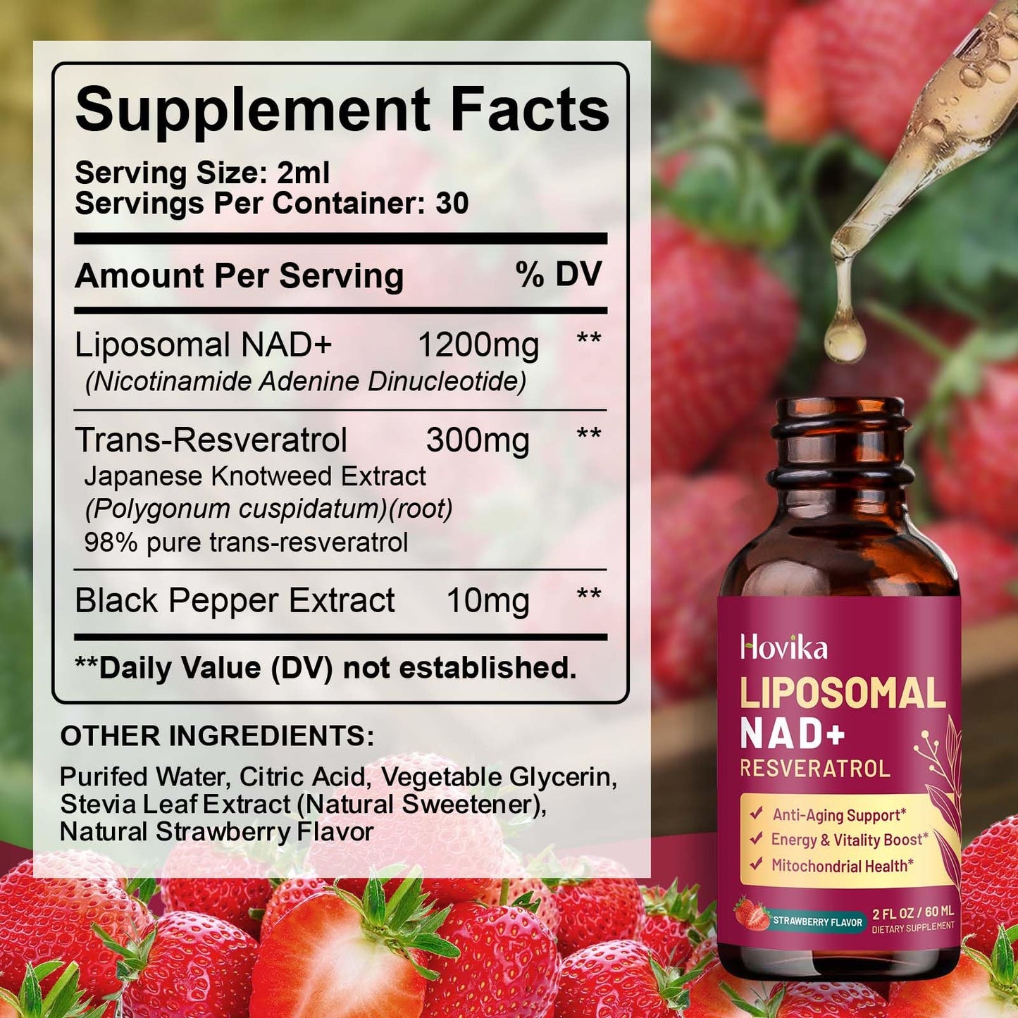 2 Pack Liposomal NAD+ Drops 1200mg - Strawberry Flavor, Resveratrol & Black Pepper