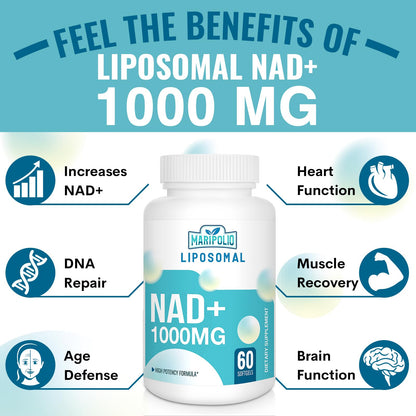 Liposomal NAD+ Supplement 1000 mg | Highest NAD Pontecy | Max Absorption | Pure NAD Supplement | Energy and DNA Repair, Aging Defense, Brain Function | 120 Softgels