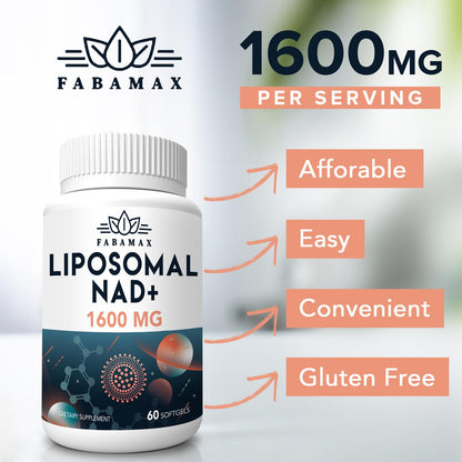 1600 mg Liposomal NAD+ Supplement – 98% Pure NAD+ | Superior Absorption | 120 Softgels