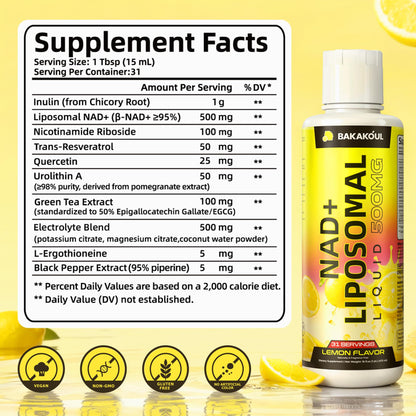 Liposomal NAD+ Liquid Supplement – Enhanced Cellular Uptake, Normal Cellular Health & Vitality (Lemon Flavor)