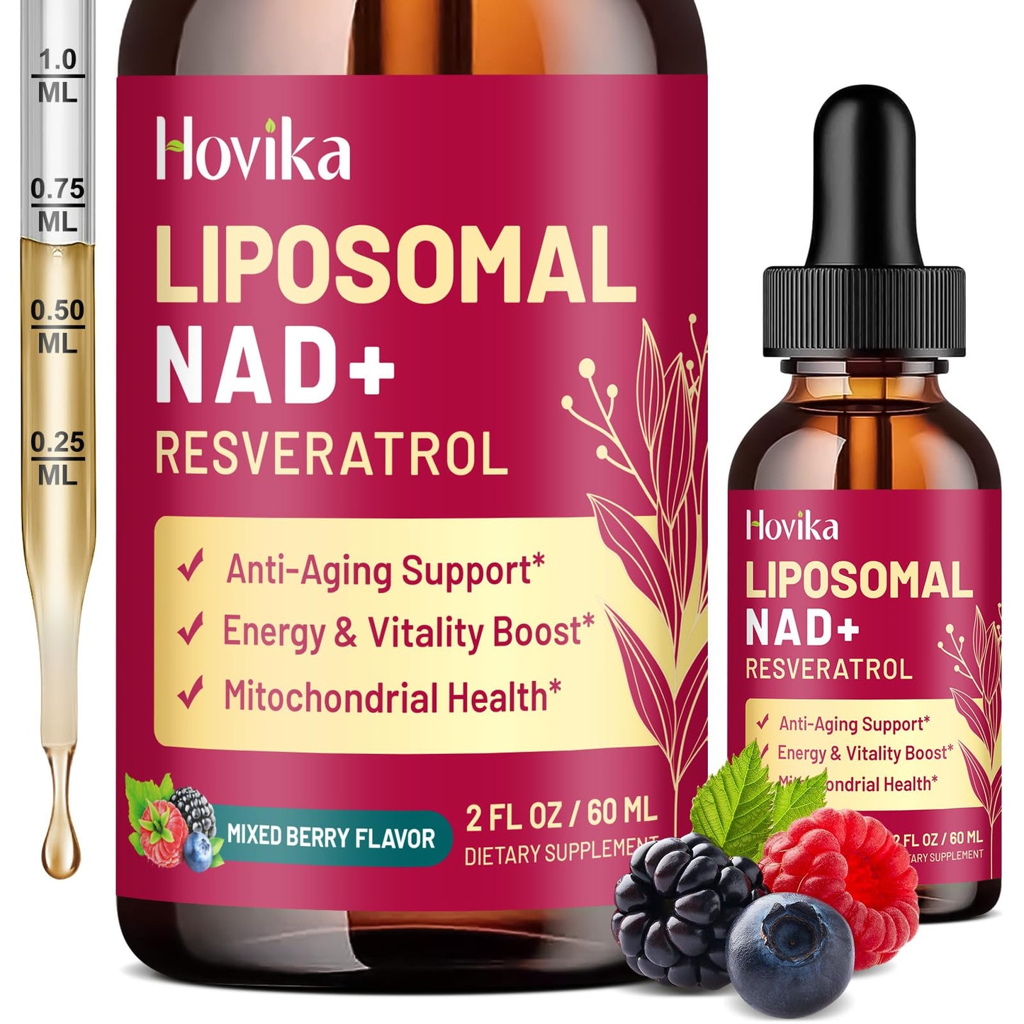 Liposomal NAD Supplement - 1200mg NAD+ Liquid Drops for Women & Men with Resveratrol, Black Pepper Extract - Support Anti-Aging, Brain & Cellular Mitochondrial Health - 2 Fl Oz Mixed Berry Flavor