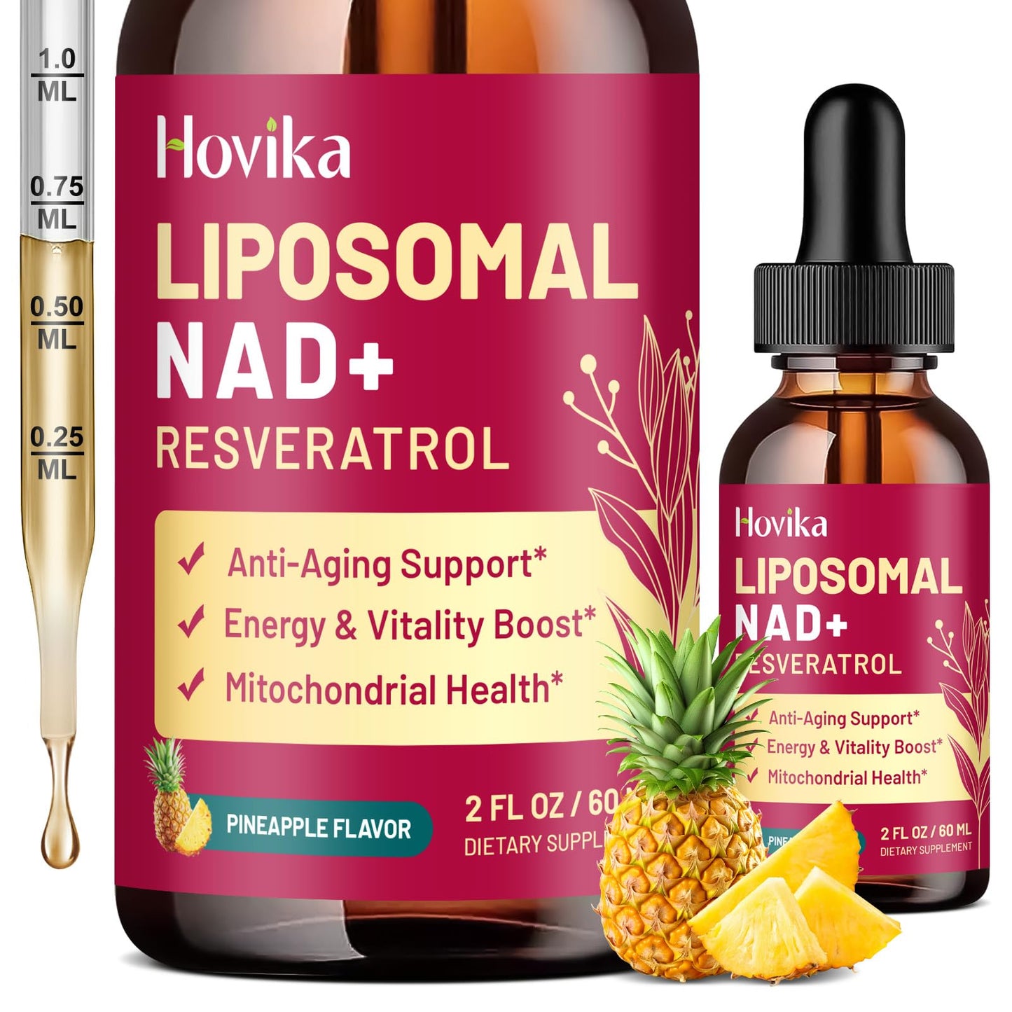 Liposomal NAD Supplement – 1200mg NAD+ Liquid Drops with Trans-Resveratrol & Black Pepper (Pineapple, 2 fl oz)