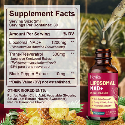 Liposomal NAD Supplement – 1200mg NAD+ Liquid Drops with Trans-Resveratrol & Black Pepper (Pineapple, 2 fl oz)