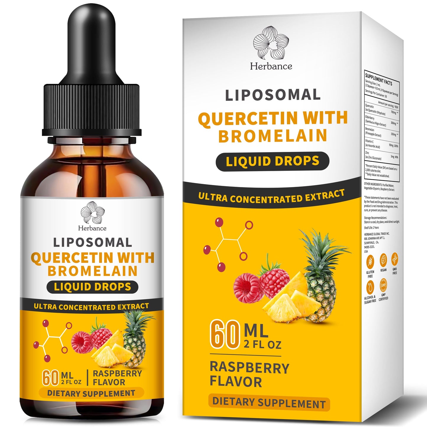 Liposomal Quercetin with Bromelain Liquid Drops – 700mg Quercetin + Bromelain for Immune, Heart & Antioxidant Support