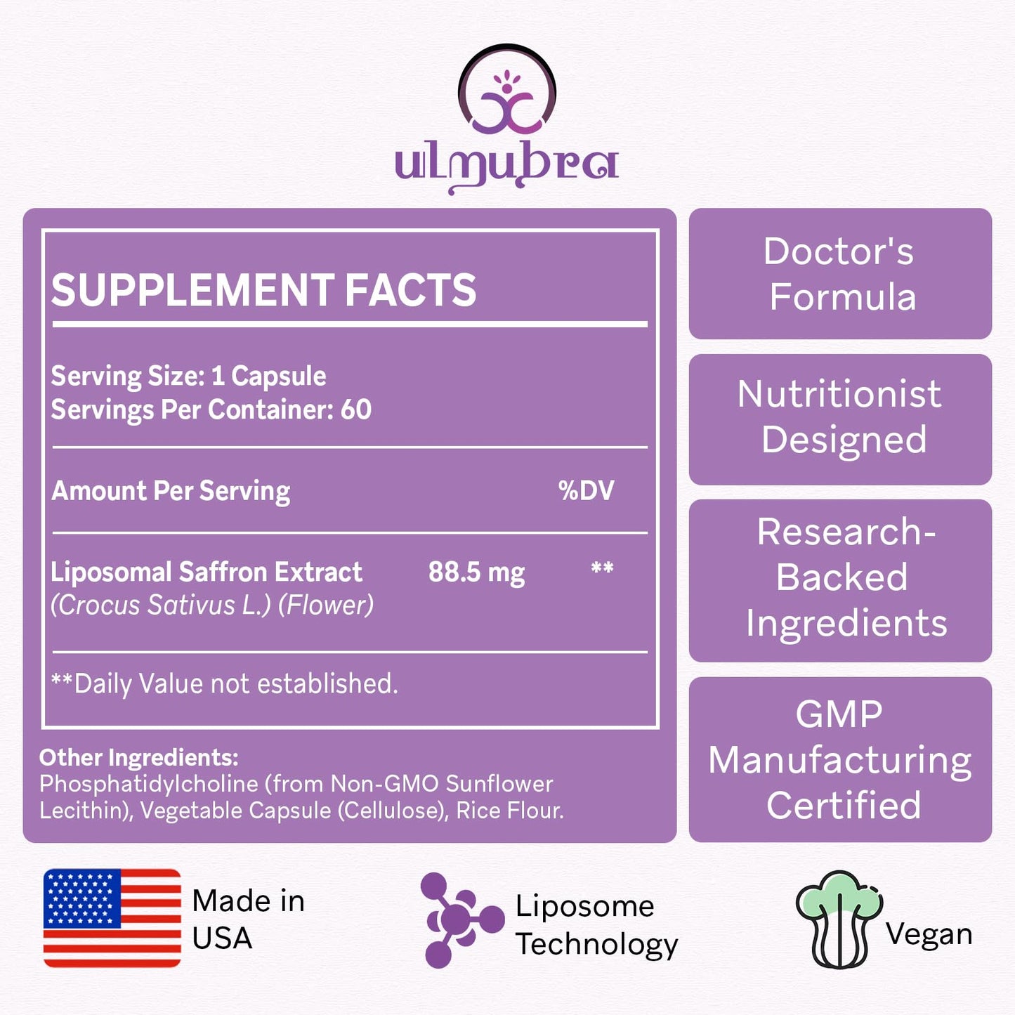 Liposomal Saffron 88.5 mg | 120 Vegan Capsules | Mood, Focus & Energy