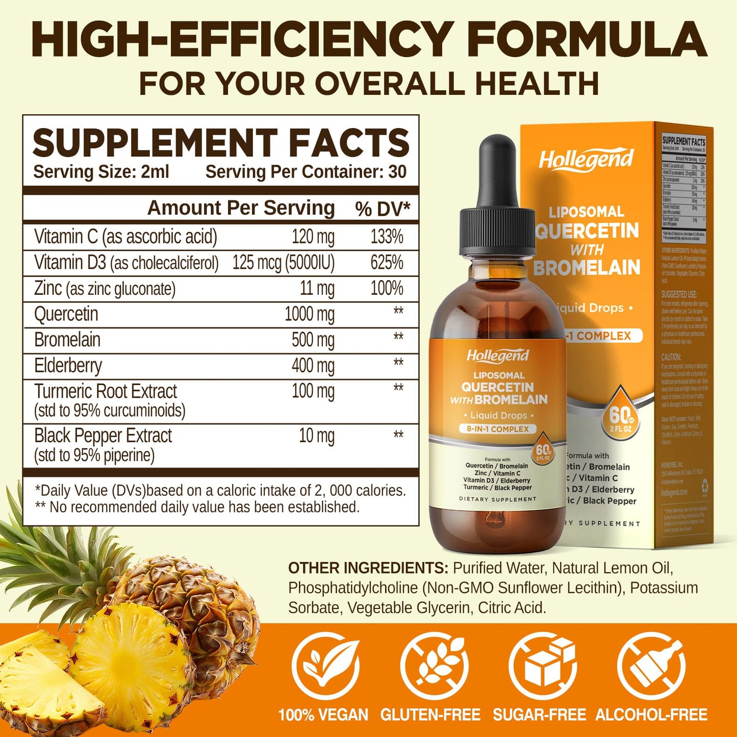 Liposomal Quercetin with Bromelain Liquid Drops – 8-in-1 Organic Immune Support (2 oz)