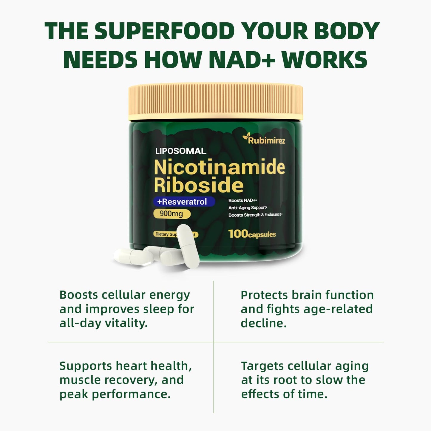 NAD+ Supplement with Nicotinamide Riboside & Resveratrol 900mg – Anti-Aging Support (Vegan, Non-GMO) 100 Capsules
