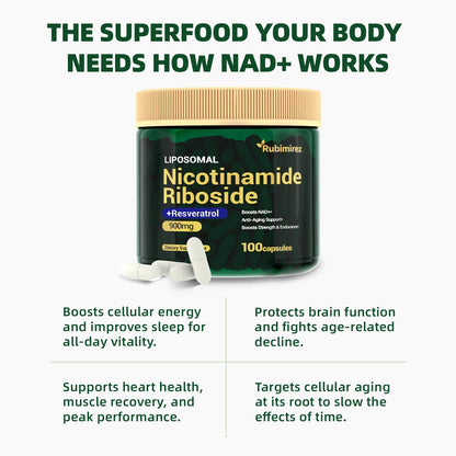 NAD+ Supplement with Nicotinamide Riboside & Resveratrol 900mg – Anti-Aging Support (Vegan, Non-GMO) 100 Capsules