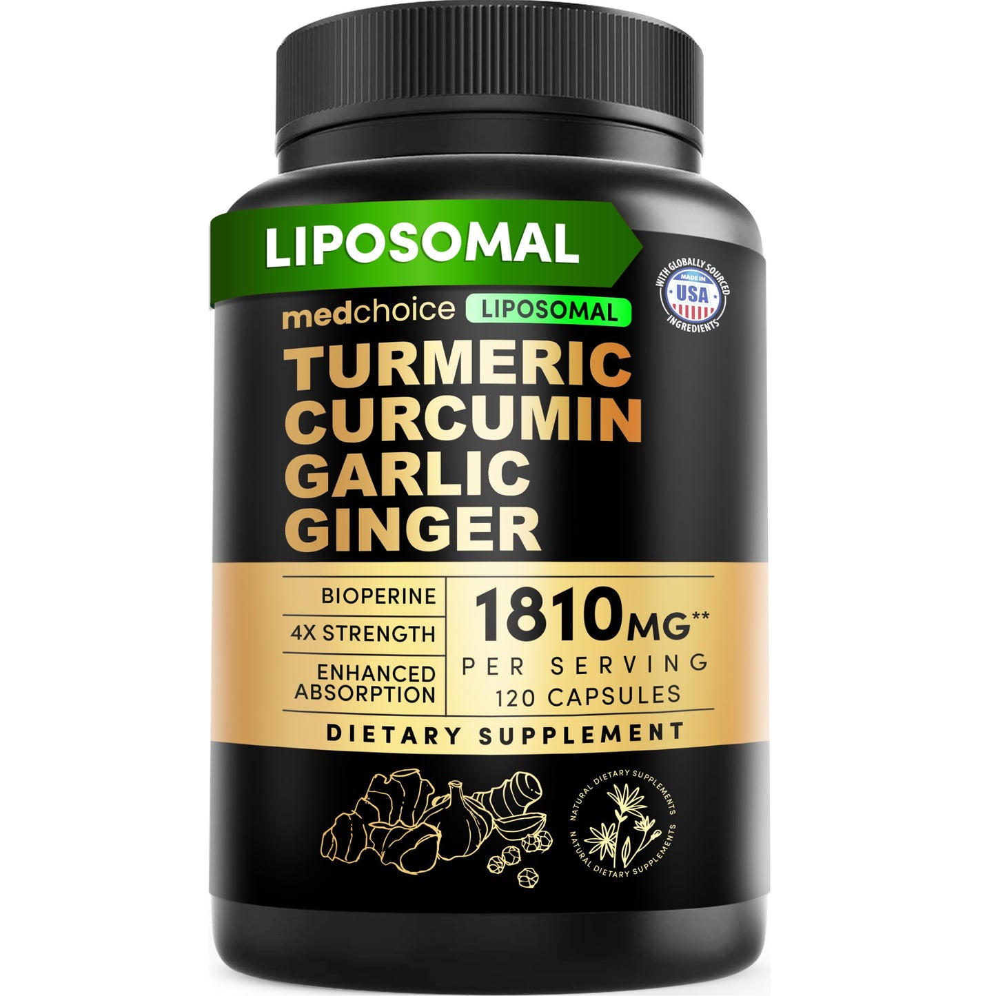 Liposomal Turmeric - High-Absorption Curcumin with Black Pepper (120ct) | Non-GMO
