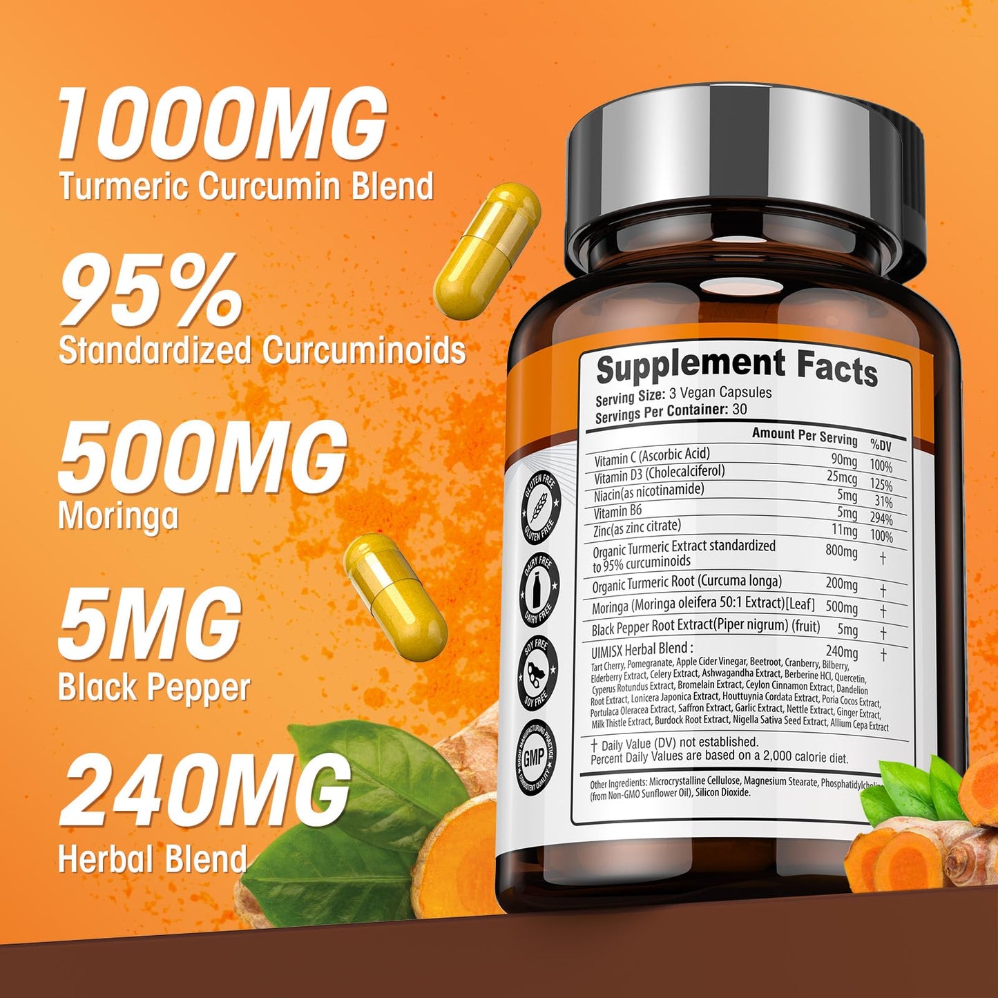 Liposomal Turmeric Curcumin Supplement – High Potency 95% Curcuminoids with Pepper & Moringa | Enhanced Bioavailability & Joint Support