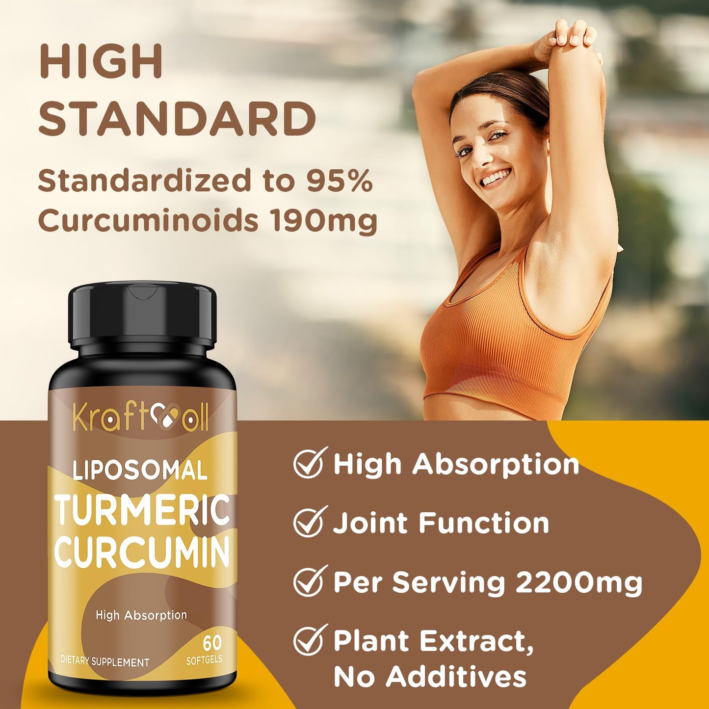Liposomal Turmeric Curcumin Supplement 2200 mg with Black Pepper Extract 15 mg - 60 Softgels