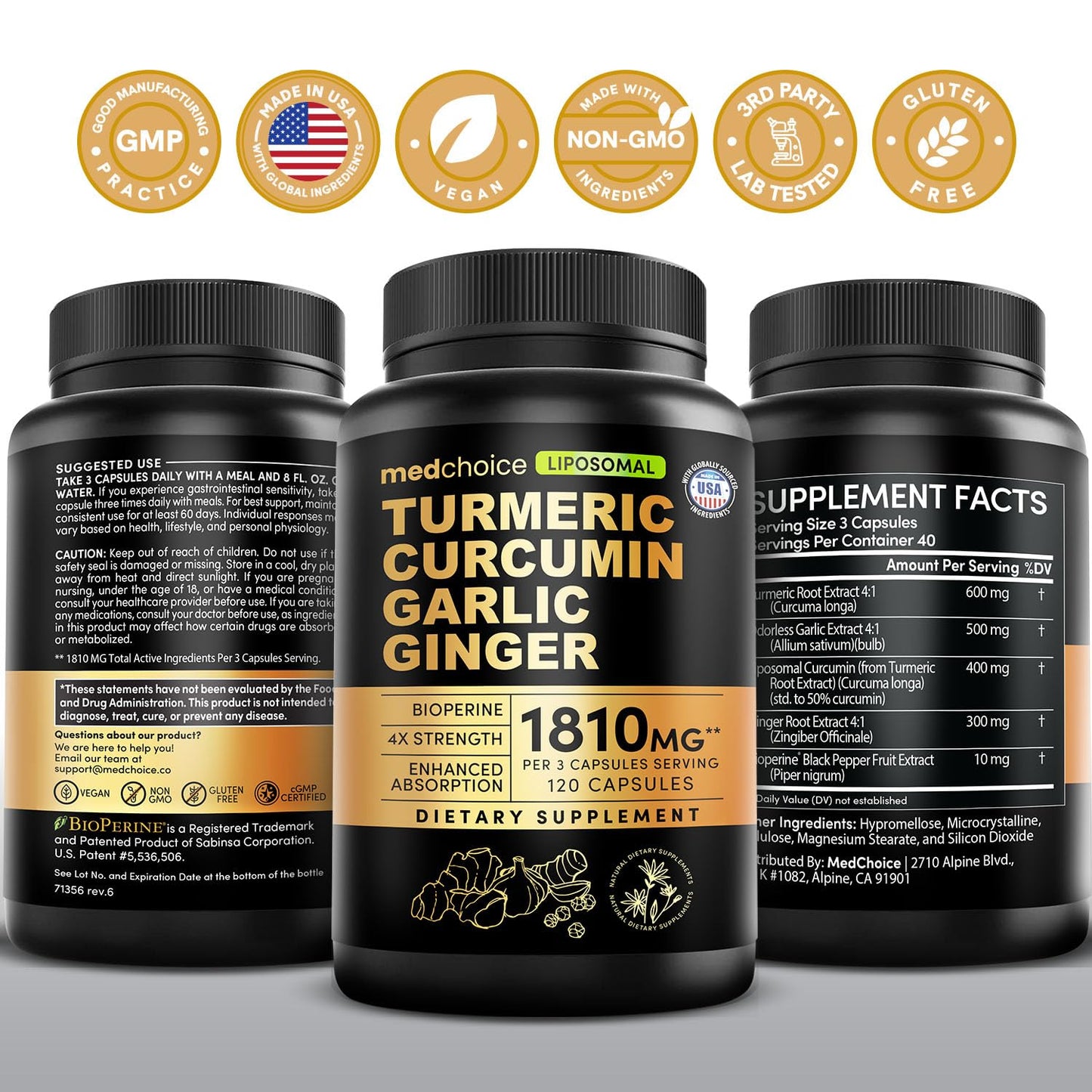 Liposomal Turmeric - High-Absorption Curcumin with Black Pepper (120ct) | Non-GMO