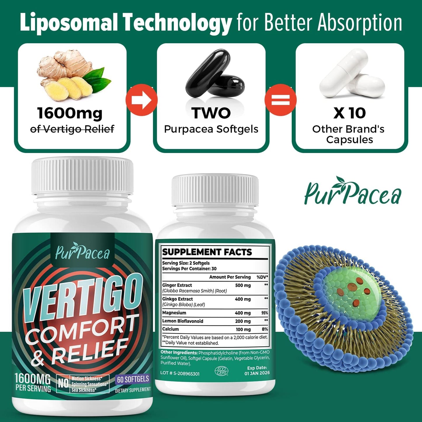 Liposomal Vertigo Supplement - High Absorption Formula with Ginkgo Biloba, Ginger, Magnesium | 60 Softgels