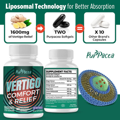 Liposomal Vertigo Supplement - High Absorption Formula with Ginkgo Biloba, Ginger, Magnesium | 60 Softgels