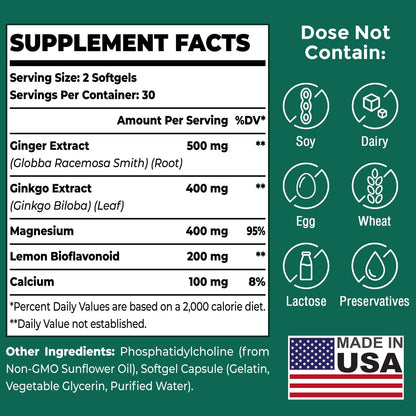 Liposomal Vertigo Supplement - High Absorption Formula with Ginkgo Biloba, Ginger, Magnesium | 60 Softgels