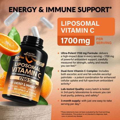 Liposomal Vitamin C 1700 mg – High-Absorption Fat-Soluble Complex | USA Made