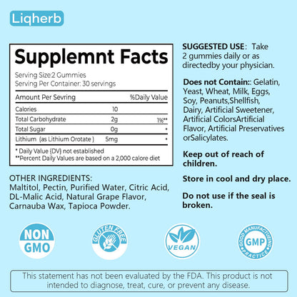 Liqherb Lithium Orotate 5mg Gummies – Mood Support & Stress Management, Vegan, Sugar-Free, Gluten-Free | Grape Flavor, 60 Gummies