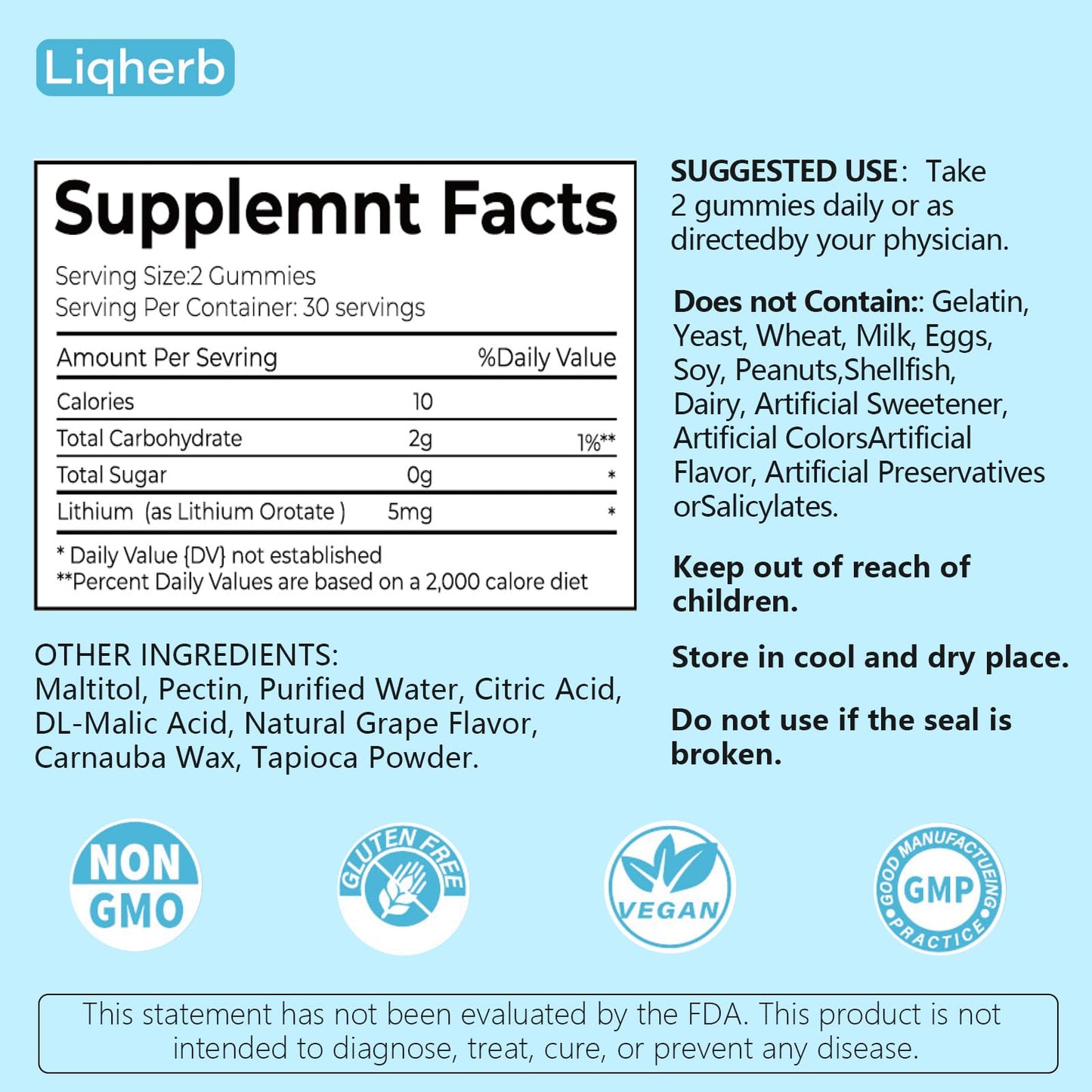 Liqherb Lithium Orotate Gummies 5mg – Mood Support & Stress Management (Vegan, Sugar-Free)