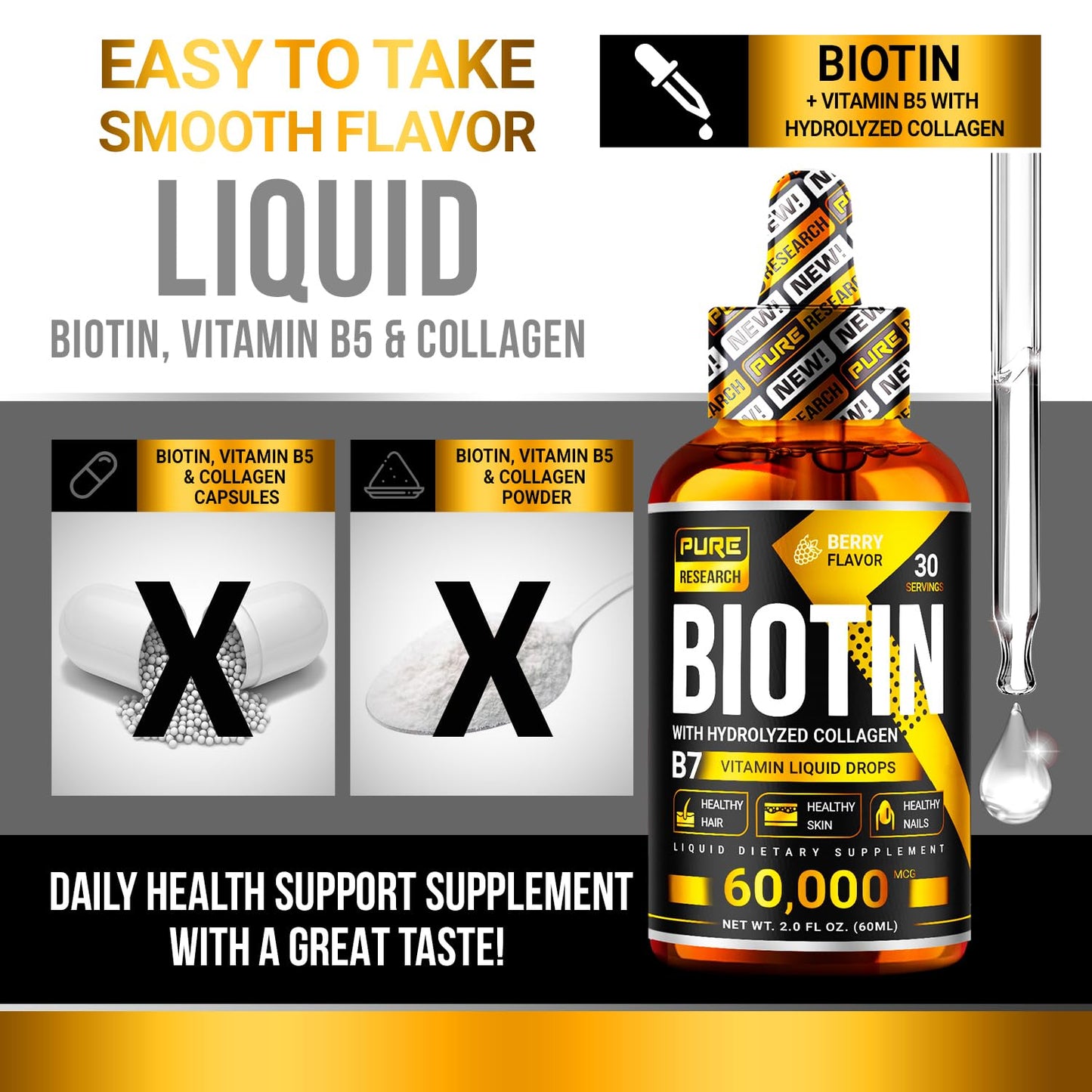 Liquid Biotin & Collagen Drops 60,000mcg – Hair, Skin & Nails Support – 2oz