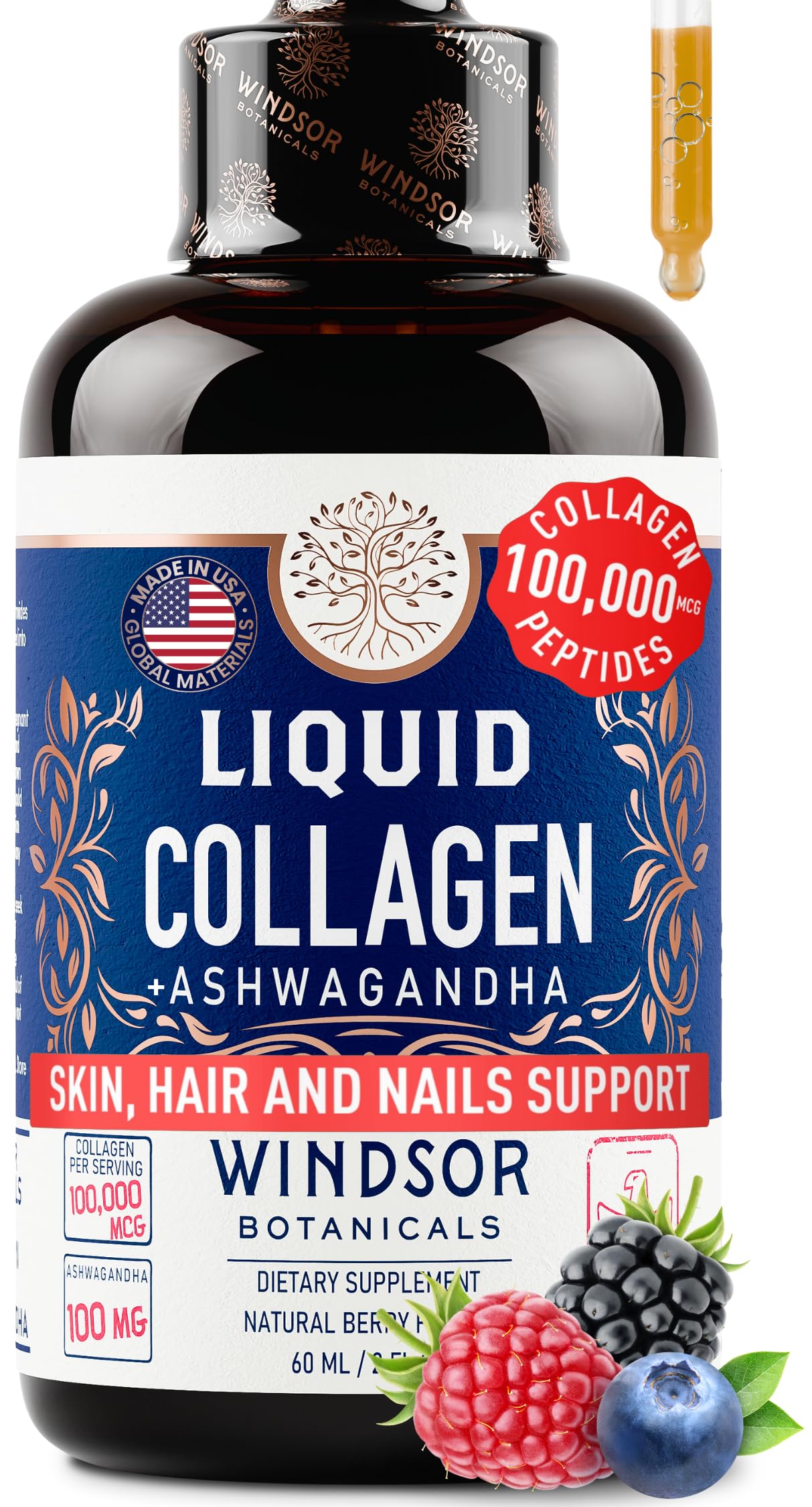 Liquid Collagen Drops with Ashwagandha & L-Theanine – 100,000 mcg, Hair, Skin & Nails, Mood & Energy – 2oz (60 Servings)