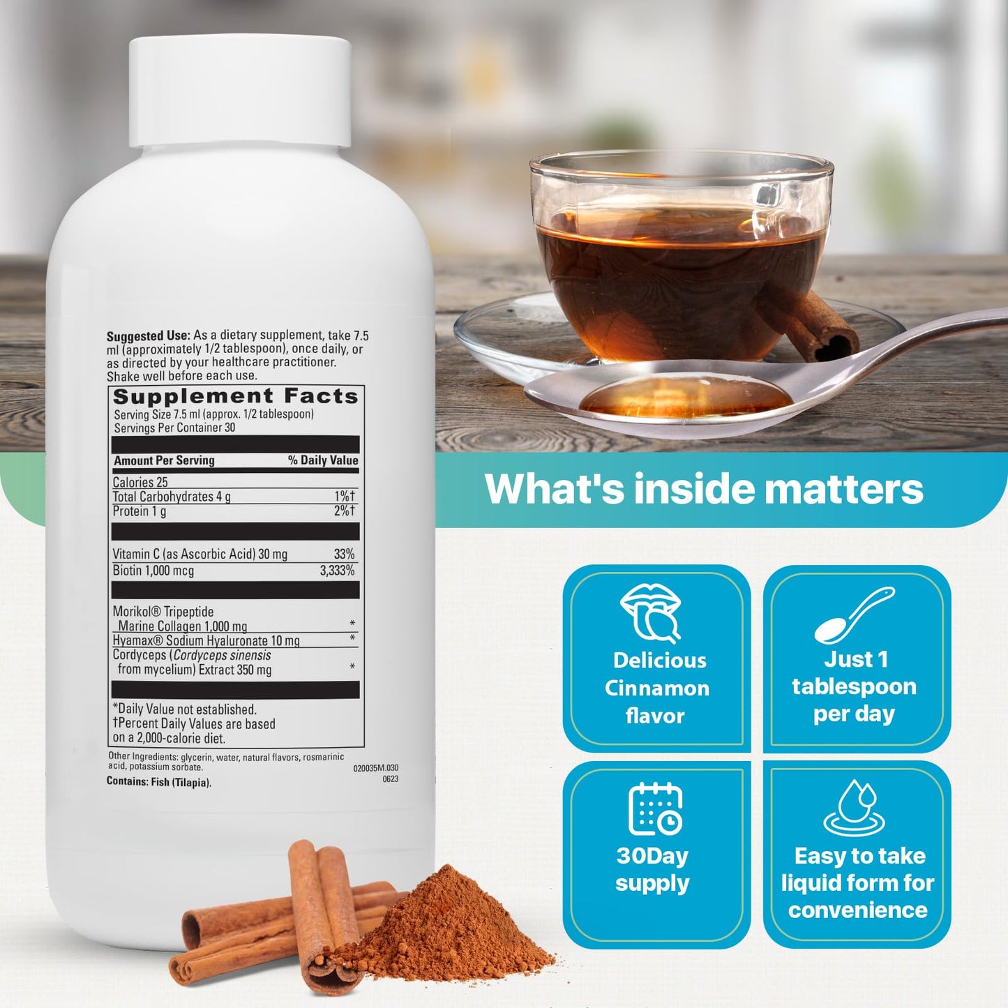 Liquid Collagen 1000mg Tripeptides 15% – Anti-Aging Formula for Skin, Hair & Joints | Cinnamon Flavor