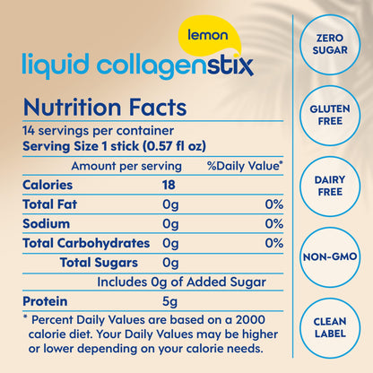 Liquid Collagen Stix – Hydrolyzed Collagen Peptides (Lemon) – Grass-Fed Bovine | Hair, Skin & Nails | 14 Pack