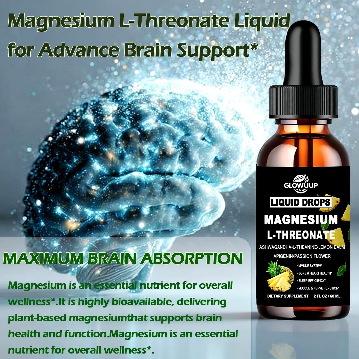 Magnesium L-Threonate Liquid Drops 1000 mg – Sleep, Memory & Brain Support | Fast Absorption
