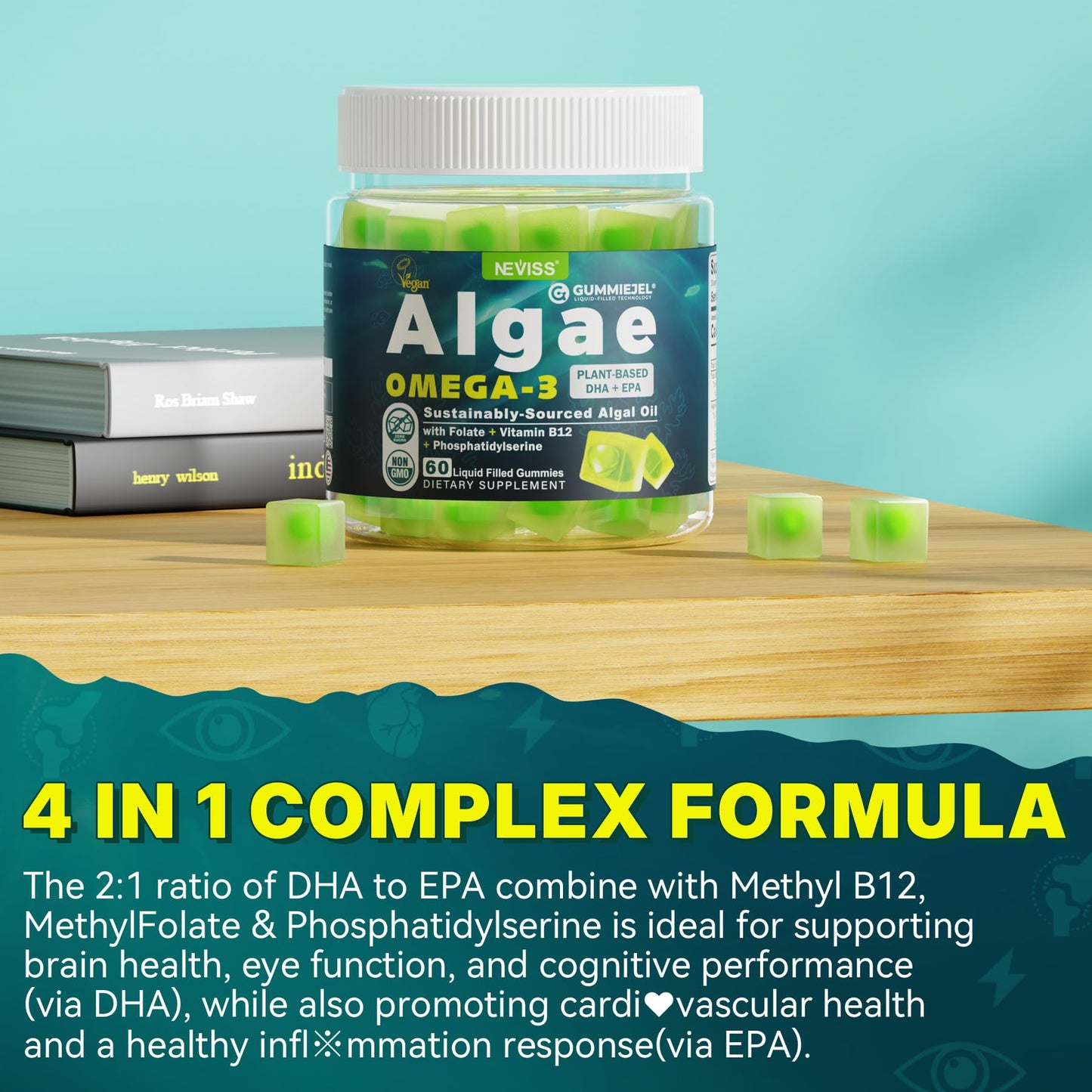 Algae Omega-3 Gummies 1000mg | Vegan DHA 460mg EPA 230mg | 60 Count