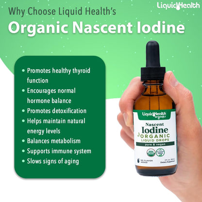LIQUIDHEALTH Nascent Iodine Drops – USDA Organic, Colorless & Tasteless, Made in USA (2 oz) – Thyroid & Immunity Support, Vegan