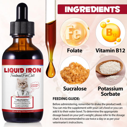Liquid Iron Drops for Cats - Supports Anemia, Energy & Vitality (Caramel Flavor) 2 fl oz