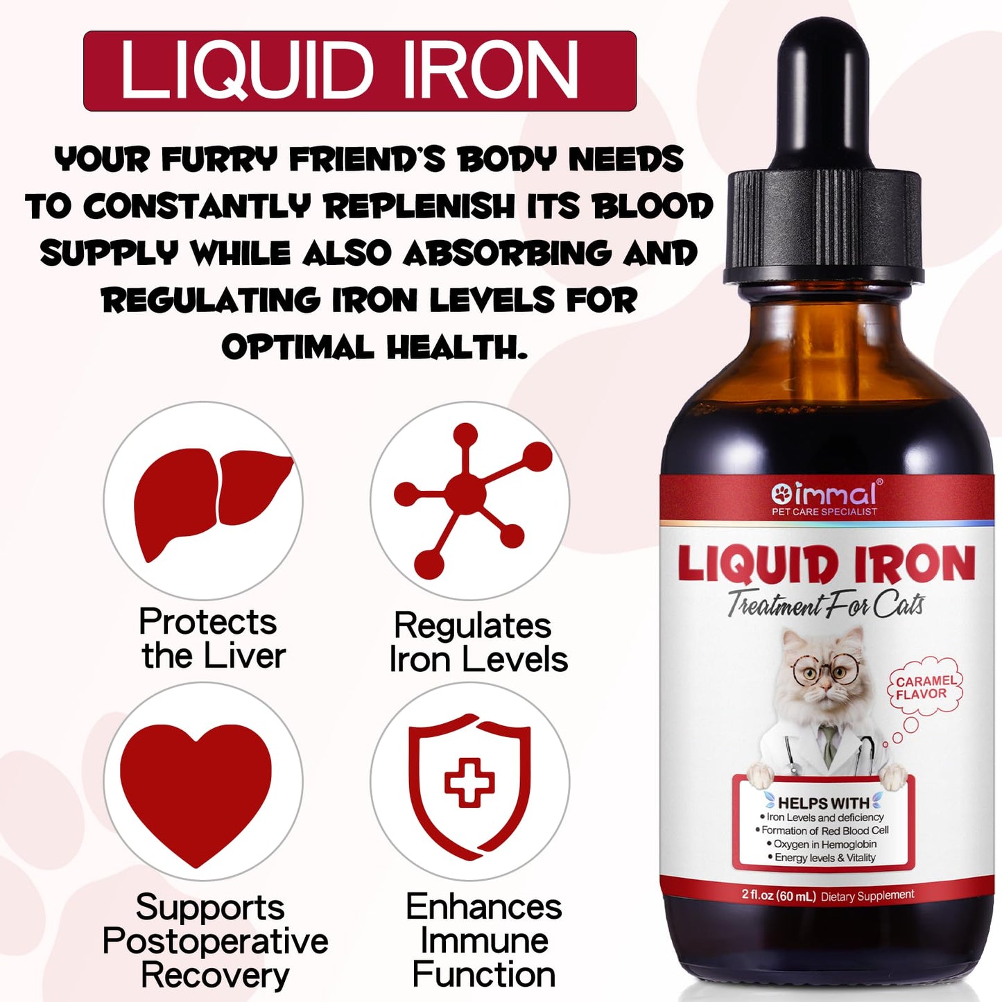 Liquid Iron Drops for Cats - Supports Anemia, Energy & Vitality (Caramel Flavor) 2 fl oz