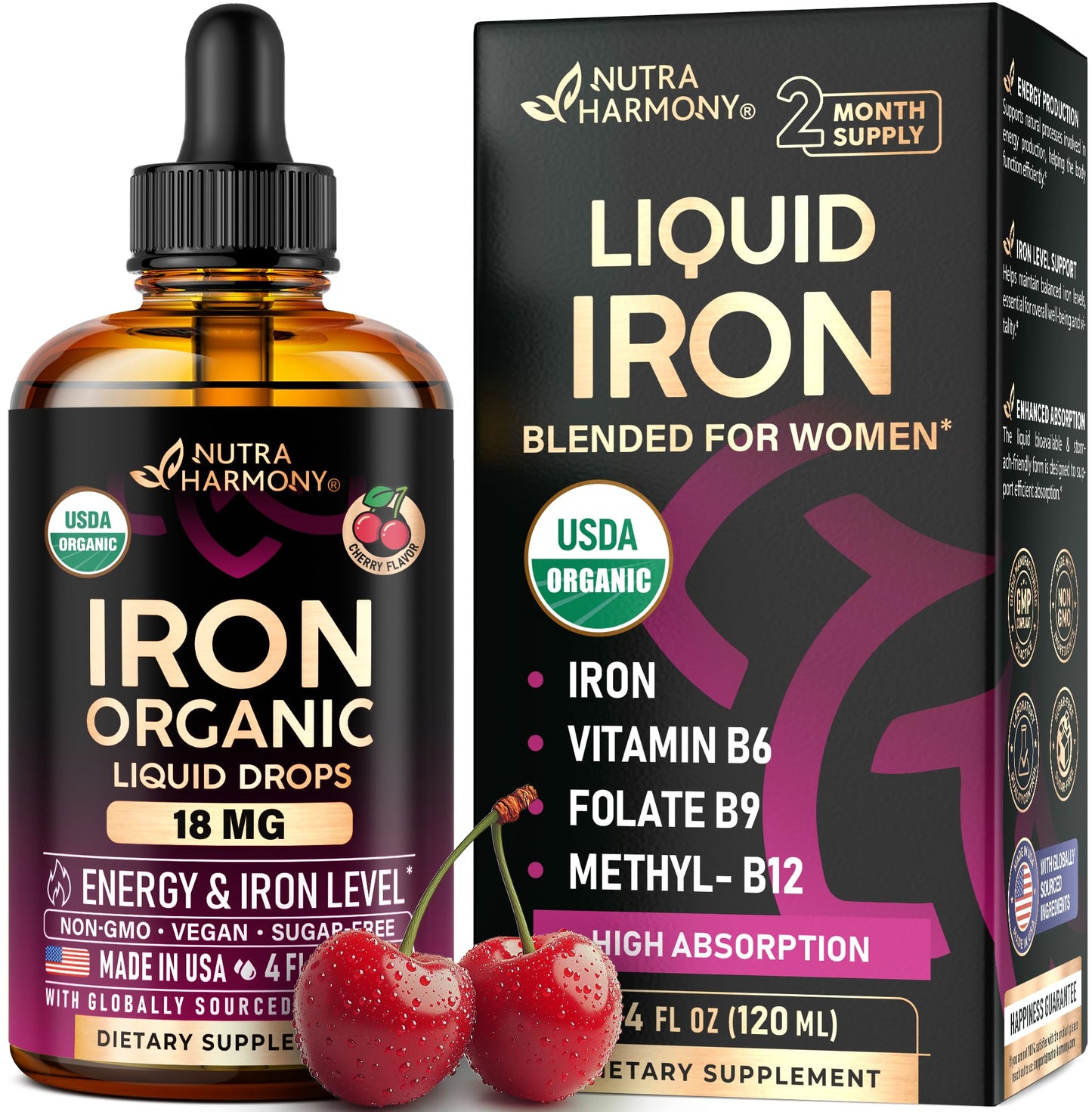 Liquid Iron Drops for Women 18 mg – USDA Organic, USA-Made, Cherry Flavor