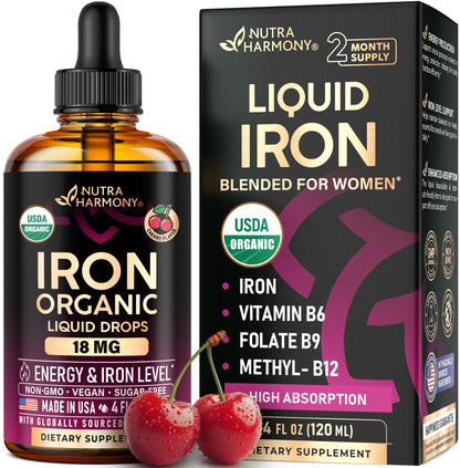 Liquid Iron Drops for Women 18 mg – USDA Organic, USA-Made, Cherry Flavor