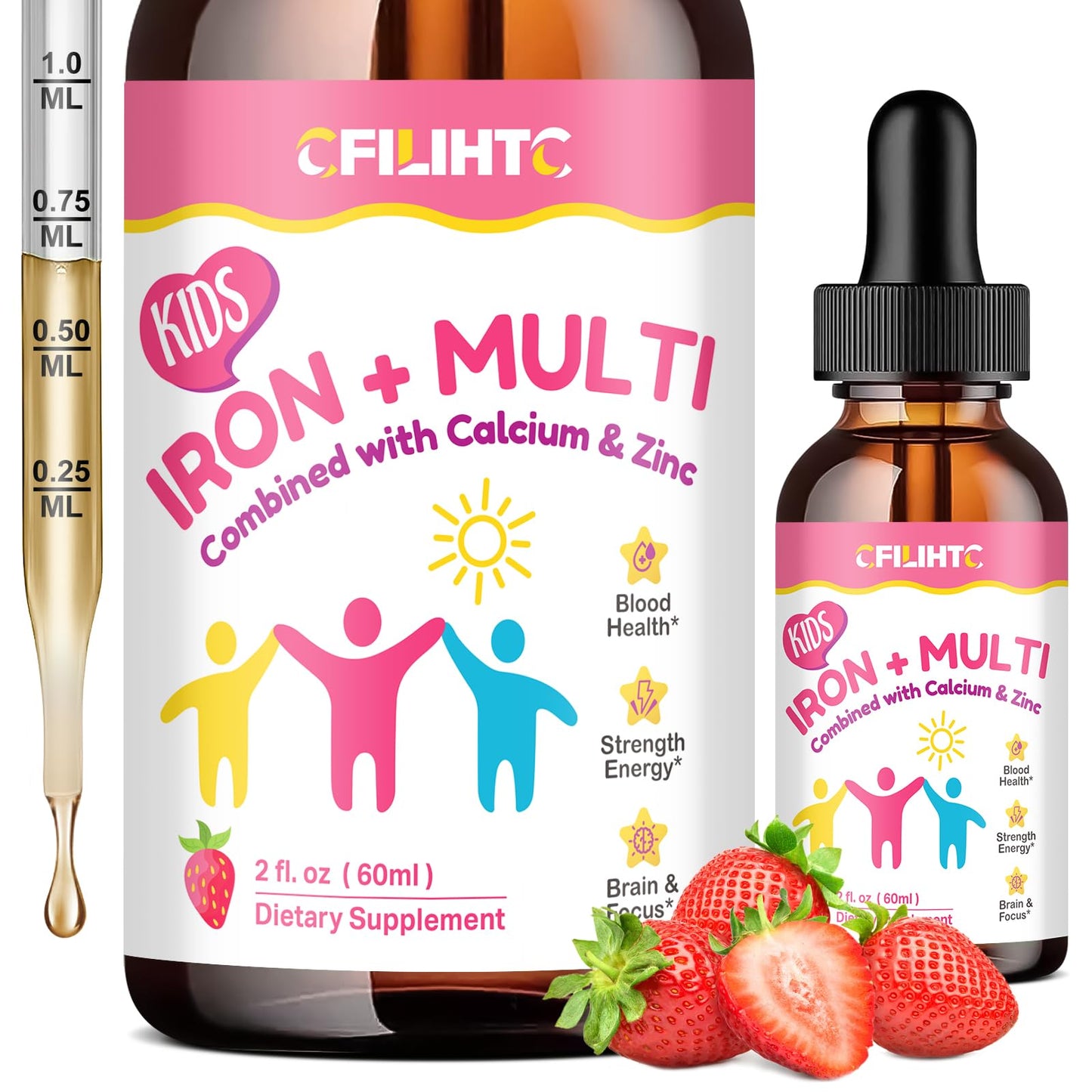 Liquid Iron Supplement for Kids, Women & Men – 2 oz, Calcium & Zinc