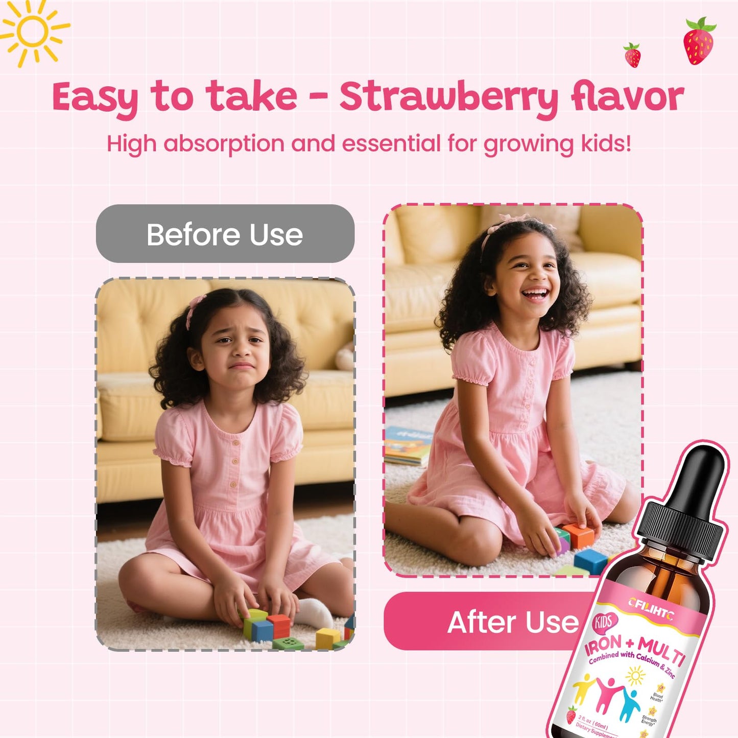 Liquid Iron Supplement for Kids, Women & Men – 2 oz, Calcium & Zinc