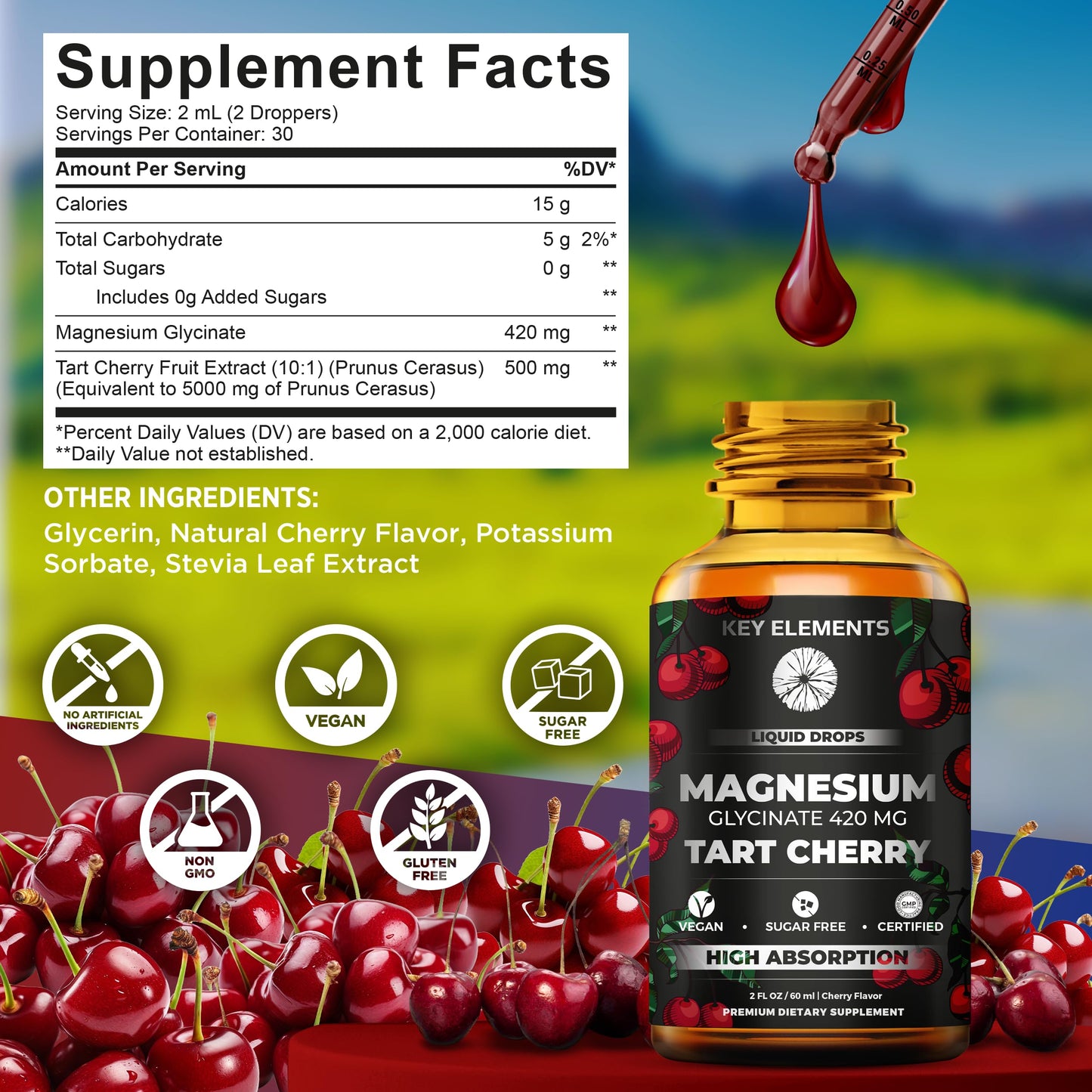 Liquid Magnesium Glycinate 420 Mg with Natural Tart Cherry Extract | Magnesium Glycinate Drops Supplement for Sleep, Mood & Mobility Support | Tart Cherry Extract