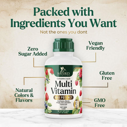 Liquid Multivitamin Berry Flavor - Sugar Free Daily Vitamin for Women, Men & Kids | Vegan, Non-GMO, 15 oz